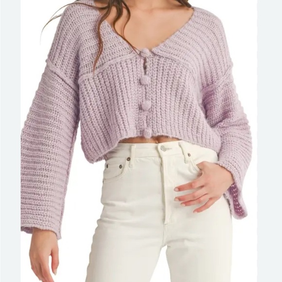 All in Favor Shaker Stitch Crop Knit V-Neck Cardigan Lavender - Picture 8 of 8
